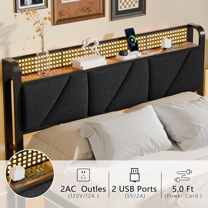 Furnulem Queen Bed Frame with Headboard and Storage Shelf, LED Light and Charging Station, Metal Platform Bed with Heavy Duty Slats, No Box Spring Needed, Noise Free & Easy Assembly
