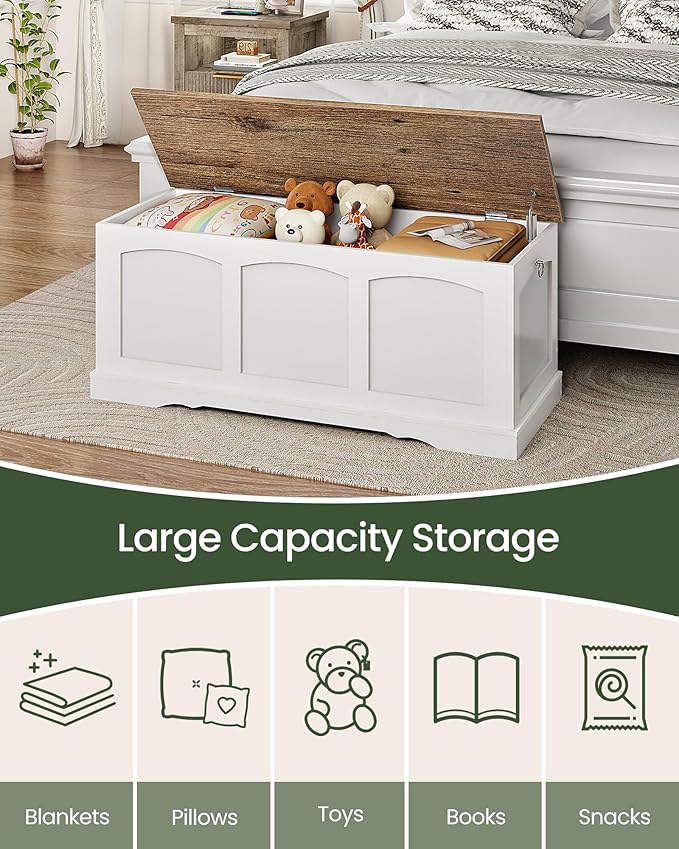 CHOEZON 39.4" Storage Chest Bench with Lift Lid, Toy Chest with Safety Hinge, Entryway Shoe Bench, Wooden Storage Trunk, Holds up to 220 lb, for Living Room, Bedroom, Hall, White and Walnut MCW12WL