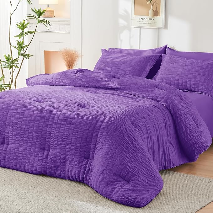 HYMOKEGE Bright Purple California King Comforter Set Seersucker 7 Pieces, All Season Luxury Bed in a Bag for Bedroom, Bedding Set with Comforter, Sheets, Pillowcases & Shams