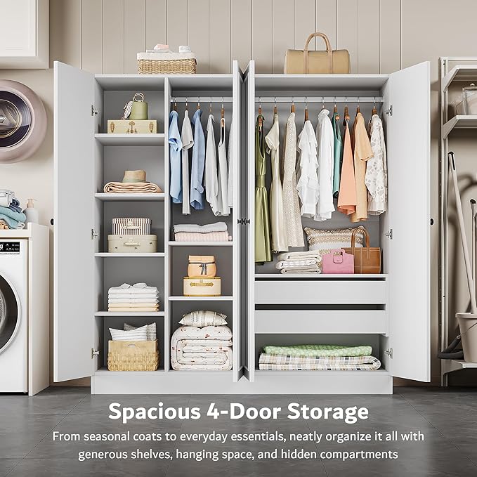 iPormis 4 Doors Armoire Wardrobe Closet with 2 Drawers, 63" Large Wardrobe Cabinet with Removable Hanging Rods and Adjustable Shelves, Closet Storage Cabinet for Bedroom, Cloak Room, White