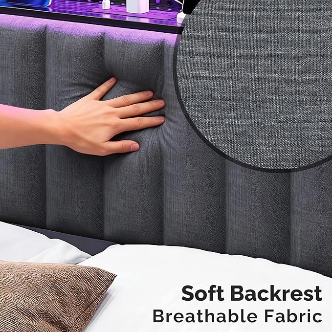 VINGLI Queen LED Headboard with 3 Storage Shelves & Charging Station, Modern Upholstered Headboard with RGB Lights, USB Ports and Power Outlet for Master Bedroom,Dark Gray
