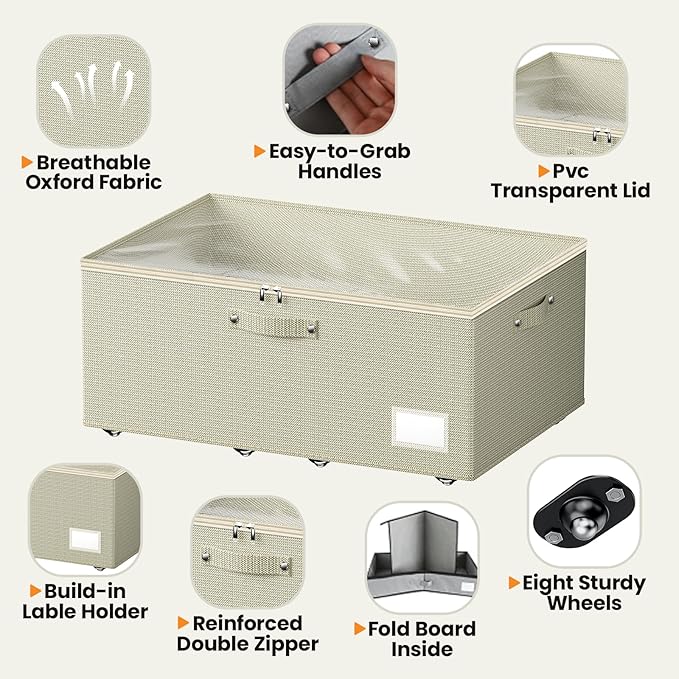 Dayacoco Under Bed Storage With Wheels,10 Inches Under Bed Storage Containers,65L Large Capacity,No Assembly Required Rolling Under Bed Storage for Clothes,Blankets,Shoes,Beige