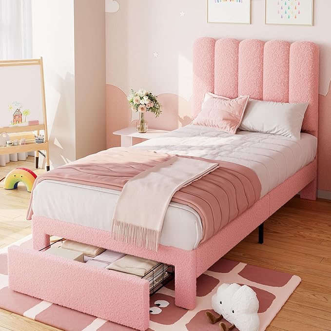 IDEALHOUSE Twin Bed Frame with Storage Drawer and Headboard, Boucle Upholstered Twin Platform Bed Frame for Girls, Strong Wooden Slats Support, Noise-Free, Easy Assembly (Boucle Pink)