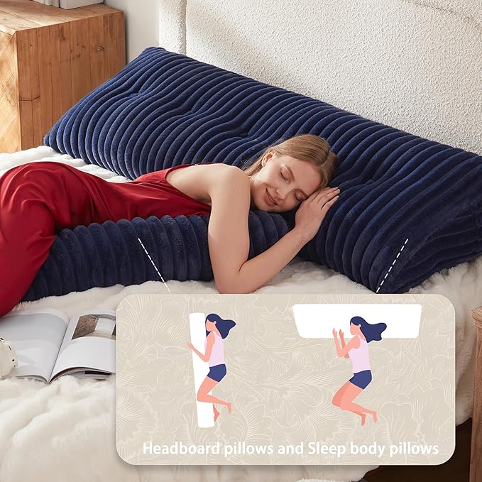 Headboard Pillow + A Long Neck Roll Pillow Body Pillow，Faux Fur Headboard Wedge Pillow with Removable Cover (Blue, Full：54x8x20 inches)