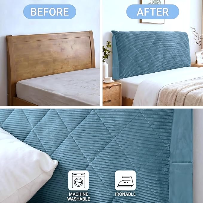 Corduroy Headboard Cover—Stretch-Quilted, Padded Dust-Proof Protective Cover (Fits Full-Size Beds), Machine-Washable Decorative Headboard Cover (Blue, 59 x 27.5 inches)