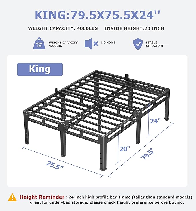 NKZ 24 Inch King Size Bed Frame, Metal Bed Frame & Box Spring 2 in 1 Platform with Round Corner Legs, 4000Lbs Heavy Duty Metal Frame, Mattress Slide Stopper, Headboard Hole, Noise-Free, Easy Assembly