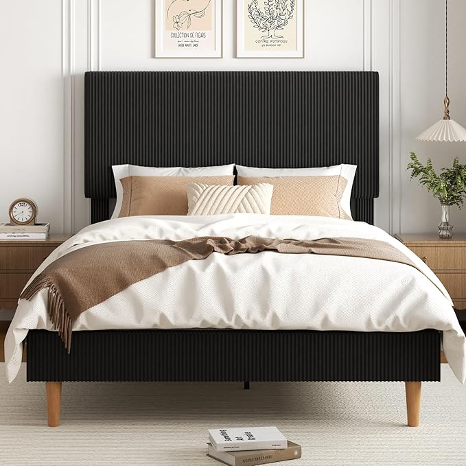 Queen Size Bed Frame, Upholstered Platform Bed with Adjustable Headboard, Vertical Fluted Tufted, Soft Corduroy Fabric, Wooden Slats Support, No Box Spring Needed, Easy Assembly, Black