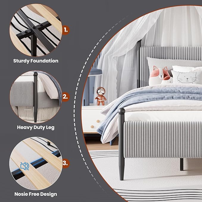 Garvee Twin Size Upholstered Bed Frame - with Velvet Headboard, Soft Corduroy Fabric Platform with Wooden Slats Support & Heavy Duty Feet, No Box Spring Needed, Noise Free, Easy Assembly, Grey