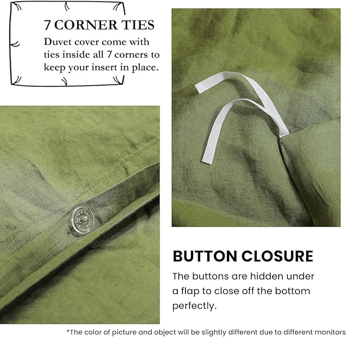Simple&Opulence 100% Linen Duvet Cover Set with Embroidery Border Washed - 3 Pieces (1 Duvet Cover & 2 Pillow Shams) with Button Closure Soft Breathable Farmhouse - Olive, Queen Size