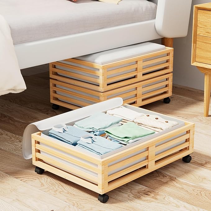 Wisuce Bamboo Under Bed Storage Containers- Underbed Organizer with Wheels with Dust Bag,Sturdy Wood Rolling Under the Bed Shoe Storage Organizer Drawers (Nature, 2 Pack (23.62"×16.54"))