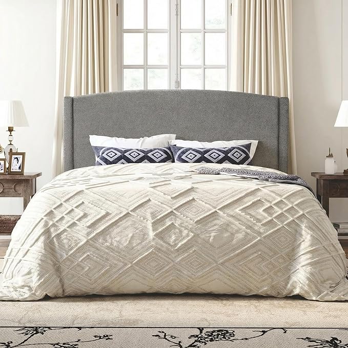 SHA CERLIN King Size Bed Frame with Soft Teddy Fabric, Boucle Upholstered Platform Bed, Curved Headboard Design, Wooden Slats Support, Noise-Free, No Box Spring Needed, Easy Assembly, Grey