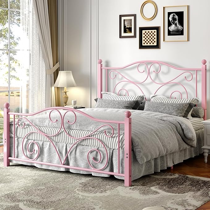VECELO Full Size Bed Frame with Headboard and Footboard, Heavy Duty Metal Slat Support, Platform Mattress Foundation, No Box Spring Needed, Easy Assembly, Light&Pink