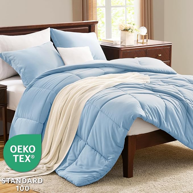 CozyLux King Size Comforter Set - 270GSM Baby Blue Bedding Sets for All Seasons, 3 Pieces Box Stitched Bed Set with 1 Down Alternative Comforter and 2 Pillow Shams, Soft, Lightweight, Durable