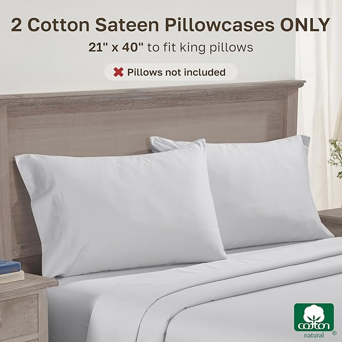 California Design Den Premium King Pillow Covers Set of 2-600 Thread Count Sateen, Natural 100% Cotton Pillow Cases King, Crisp, Durable Bedding - Light Silver