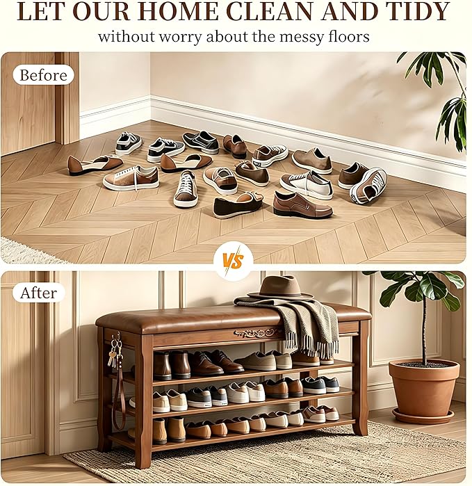 Shoe Rack Bench Entryway Storage with Leather Cushion, Shoe Organizer Bench for Entryway, Front Doors Entrances Hallway,Mudroom,Closet, Bedroom,Solidwood 3 Height-Adjustable Removable Shelve,39.4"