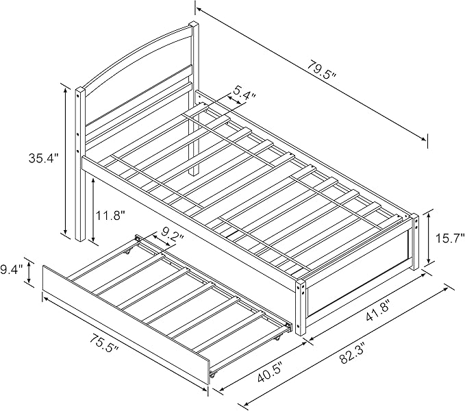 Xilingol Trundle Bed Twin, Solid Wood Bed Frames with Headboard and Wooden Slats Support, Twin Trundle Bed Frame Roll Out, Single Box (No Box Spring Needed), White