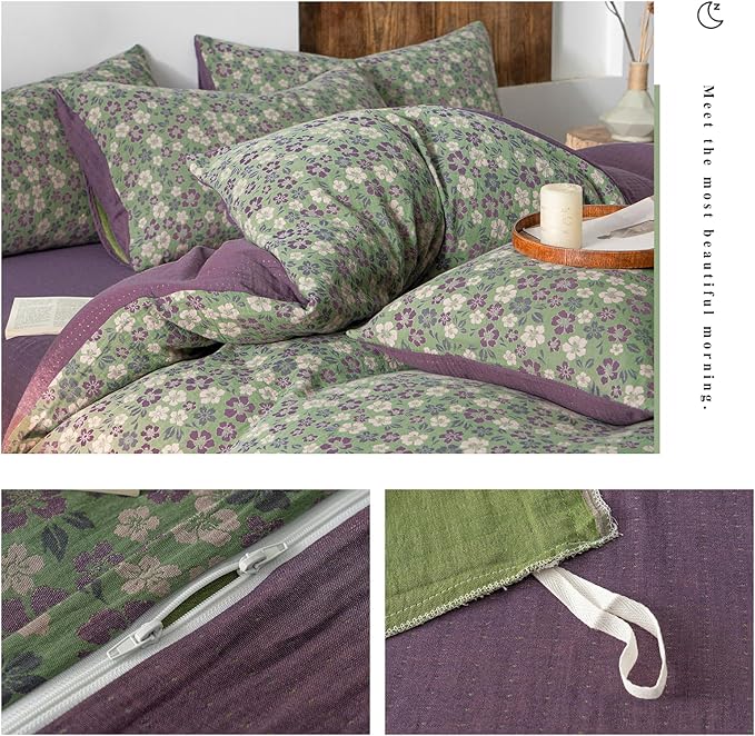 VM VOUGEMARKET Green & Purple Floral Jacquard Duvet Cover Set Queen,Breathable Double Layer Gauze Farmhouse Style Bedding Set for Home