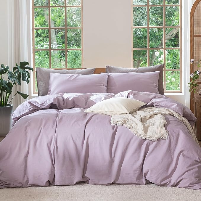 MooMee Bedding Duvet Cover Set 100% Washed Cotton Linen Like Textured Breathable Durable Soft Comfy (Heathered Light Purple, King 104"x90")