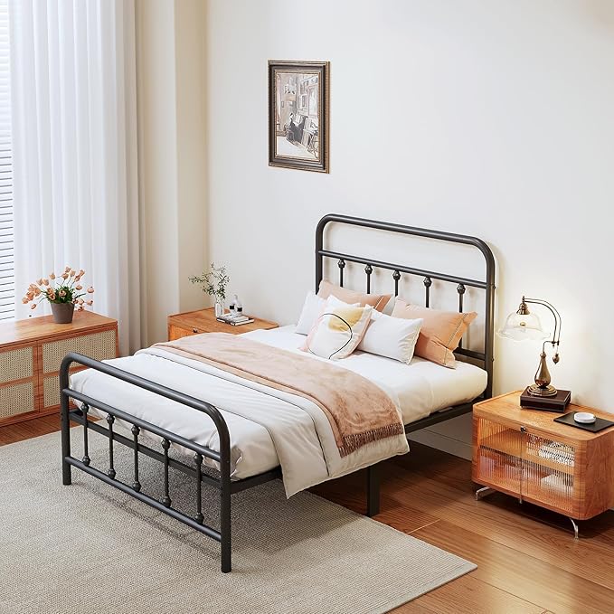 Vengarus Metal Bed Frame,Twin Size Bed Frame with Headboard,Structurally Stable, Heavy Duty Steel Slat Supported,Under Bed Storage,No Box Spring Needed,14 Inch,Black