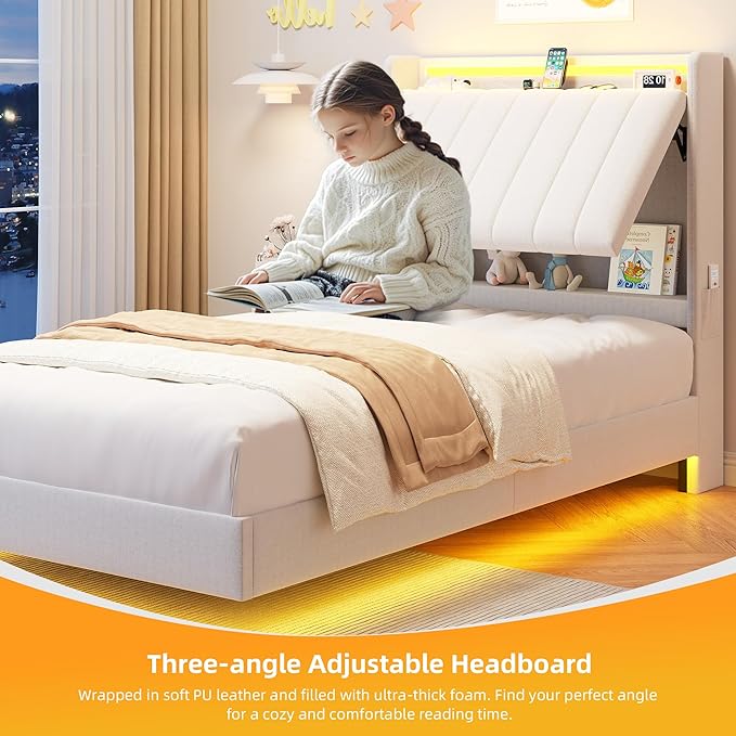 Twin Size Floating Bed Frame with Ergonomic Hidden Storage Headboard and LED Light,Visual Floating LED Bed Frame with Charing Station,Velvet Upholstered Platform Bed for Kid/Boy/Girl,Heavy Duty,White