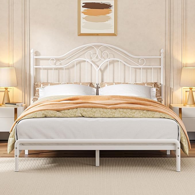Elephance Headboard for King Size Bed Frame, Vintage Platform Bed Metal Headboard Only, Height Adjustable, Sturdy and Stable, King Size, Easy Assembly, White