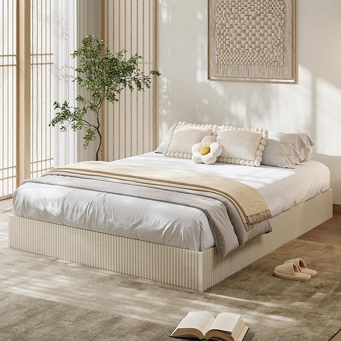 Garvee Full Bed Frame, Wood Platform Bed with Fluted Design, Low Profile BedFrame, Minimalist Bed Base with Noise-Free, Easy Assembly, No Box Spring Needed, Cream