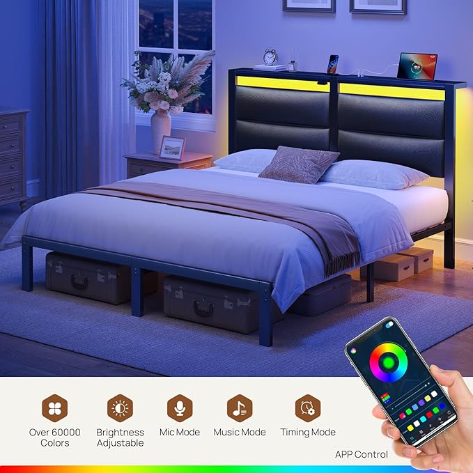 Rolanstar Full Size Bed Frame with Charging Station, LED Full Bed Frame with Upholstered Storage Headboard, Platform Bed with Metal Slats & Under Bed Storage, No Box Spring Needed, Noise Free, Black