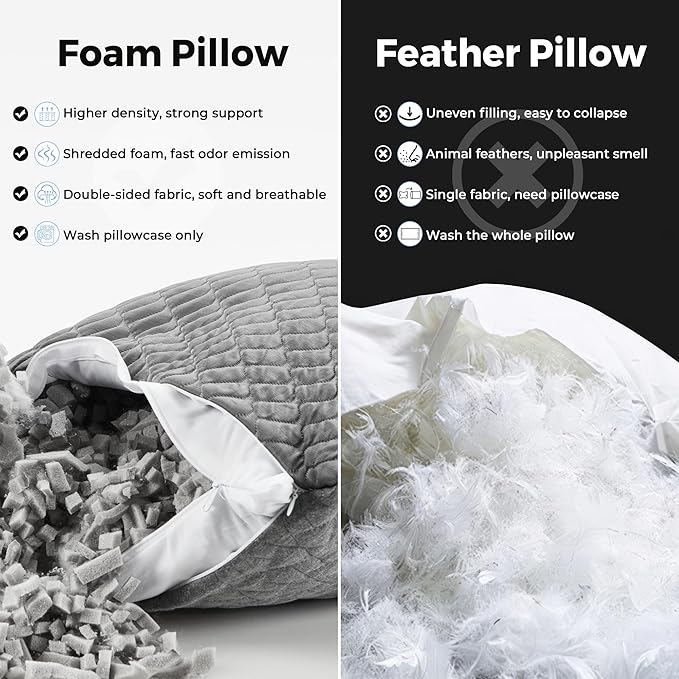 puredown King Size Pillows Set of 2, Shredded Memory Foam Pillows, Cooling Pillow King 2 Pack, Foam Pillow for Sleeping, Adjustable Firm Bed Pillow for Side, Back and Stomach Sleepers, Grey