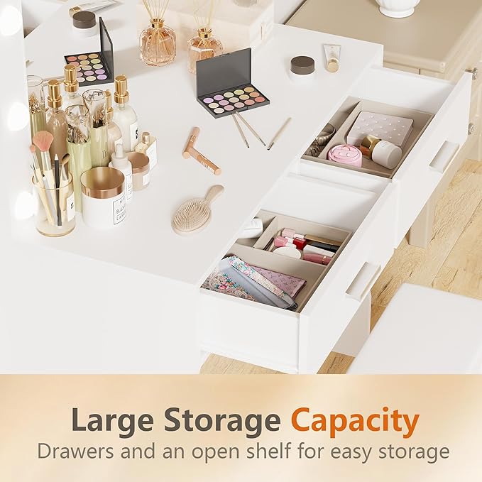 YESHOMY Vanity Desk with Mirror, Makeup Table with 11 Adjustable Lights and 2 Spacious Drawers, Soft-Padded Storage Stool, 3 Lighting Modes with Control, for Bedroom, Snow White
