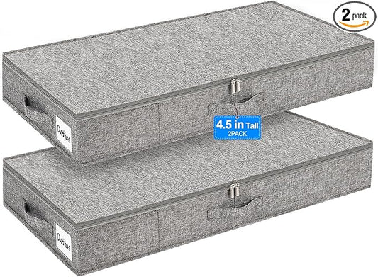 punemi 4.5 Inch Tall Under Bed Storage Containers,Low Profile Underbed Clothes Storage Bin with Sturdy Side & Bottom Support, Use as Clothes Organizer, Pillow and Blanket Organizer, 2 Pack, Grey