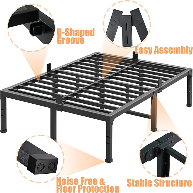 FUIOBYVV Queen Bed Frames, 16 Inch Heavy Duty Metal Platform Bed Frame Queen Size Support Up to 3500 lbs, No Box Spring Needed, Headboard Compatible,Steel Slat Support, Noise Free, Easy Assembly