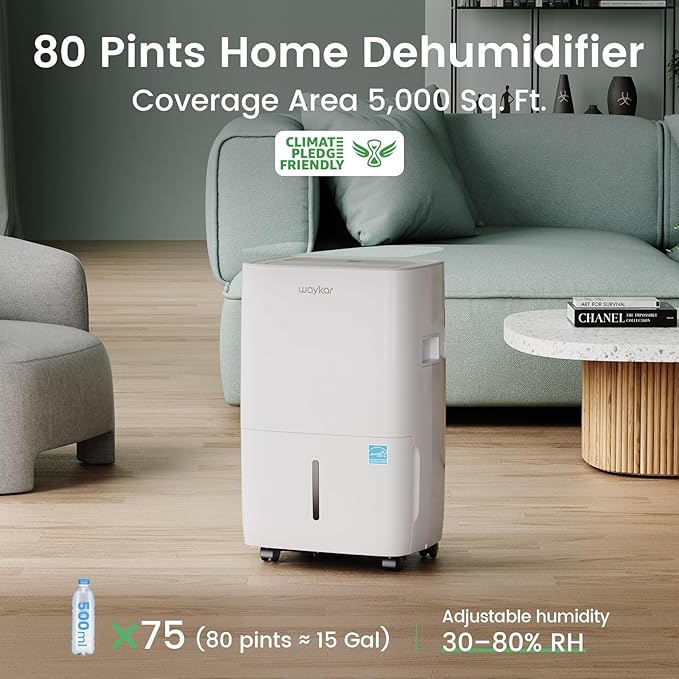 Waykar 80 Pints Energy Star Dehumidifier for Spaces up to 5,000 Sq. Ft at Home, in Basements and Large Rooms with Drain Hose and 1.14 Gallons Water Tank