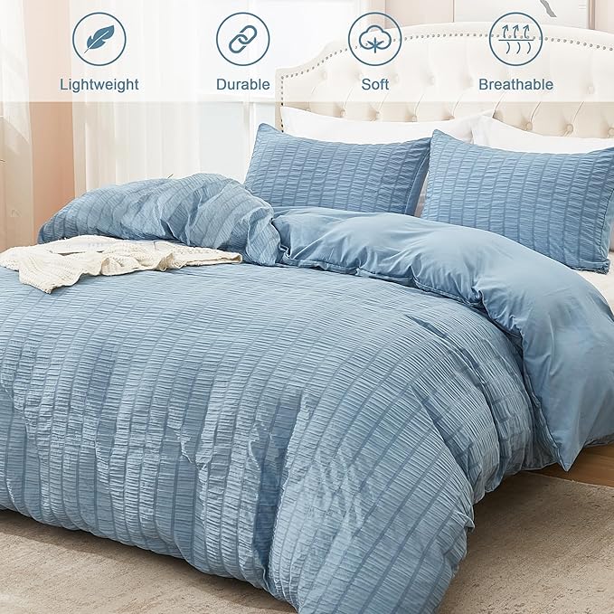AveLom Grayish Blue Duvet Cover Full(80 x 90 inches), 3 Pieces (1 Duvet Cover, 2 Pillow Cases),Seersucker Tripe Soft Washed Microfiber Textured Duvet Cover Set with Zipper Closure, Corner Ties