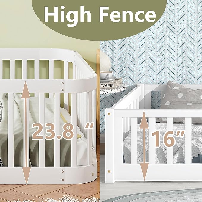 Bellemave Twin Floor Bed with High Fence and Rounded Corner Design, Twin Size Montessori Floor Bed with Entrance, Easy Assemble Montessori Bed Frame, White