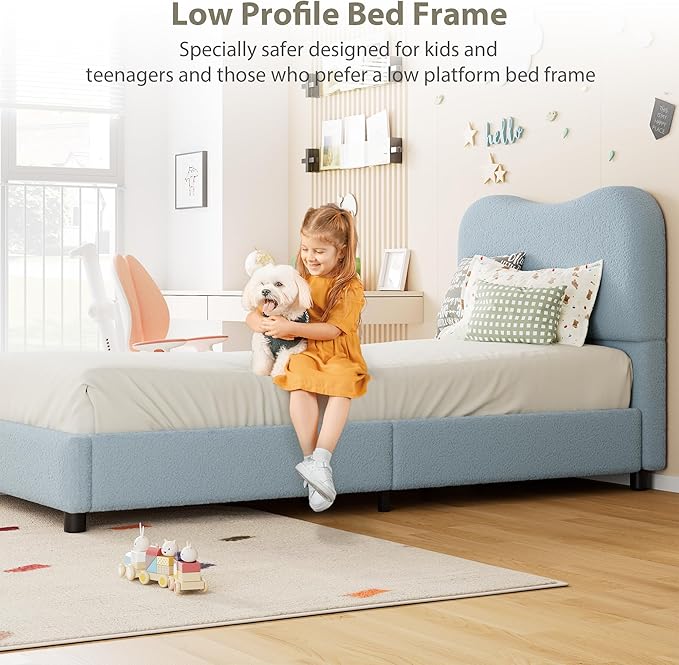 Boucle Twin Bed Frame for Kids with Upholstered Headboard, Low Profile Sturdy Platform Bed with Soft Boucle Fabric for Girls and Boys, Heavy Duty, Wooden Slats, Noise Free, No Box Spring Needed, Blue