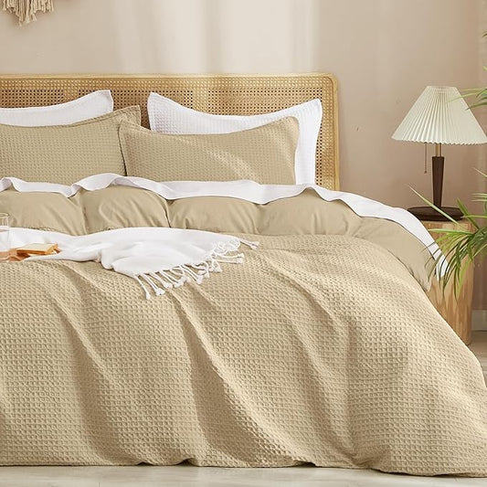 PHF Waffle Weave Duvet Cover Set Queen Size, No Snagging Ultra Soft Luxury Textured Breathable Comforter Cover for All Season 3pcs, Durable Bedding Duvet Set with 2 Pillow Shams, 90"x90", Khaki