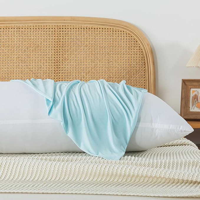WhatsBedding Body Pillow Cover Cooling Fabric, Long Pillowcase Breathable & Skin-Friendly, Zipper Closure - Light Blue (20x54 inch)
