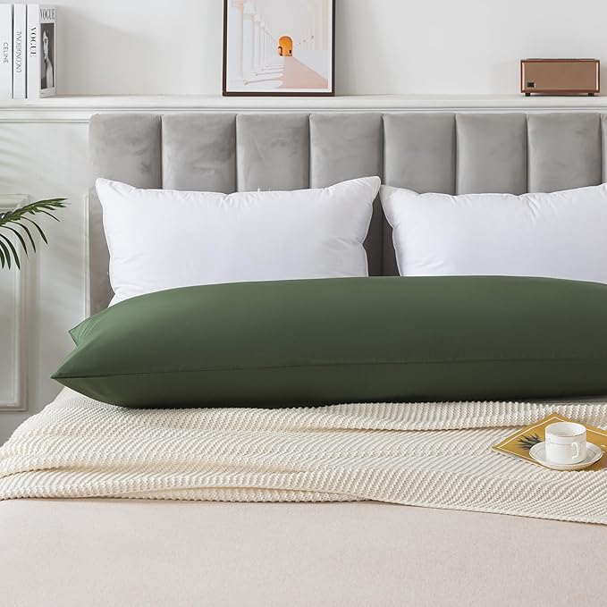 WhatsBedding Body Pillow Cover Cotton Fabric, Long Pillowcase Breathable & Skin-Friendly, Envelope Closure - Olive Green (20x54 inch)