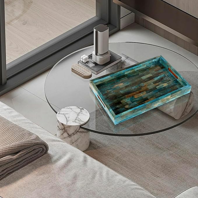 Handicrafts Home Verdigris Bone Inlay Decorative Tray 17x11, Handmade Organizer Coffee Table & Ottoman Tray with Handles, Serving Tray for Guest Living Room, Dining & Centerpiece Home Decor Gift