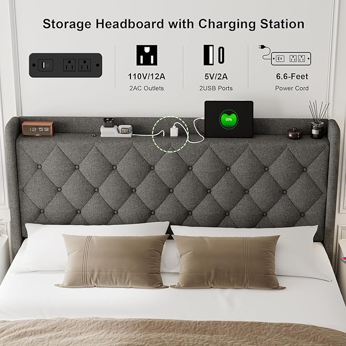 Feonase Full Size Bed Frame with Storage & Charging Station - Hydraulic Lift Up Platform Bed, Upholstered Button Tufted Headboard, Sturdy Wooden Slats, Noise-Free, No Box Spring Needed, Dark Gray