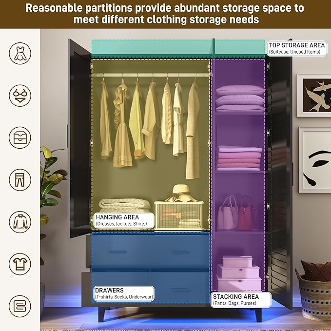 jiteentarou 3 Door Armoire Wardrobe Closet Cabinet with Drawers and LED Lights, Multi-Tier Shelves, Hanging Rod & 3 Louver Doors, Large Capacity Storage Wardrobe Armoire for Bedroom(3 Doors Black)