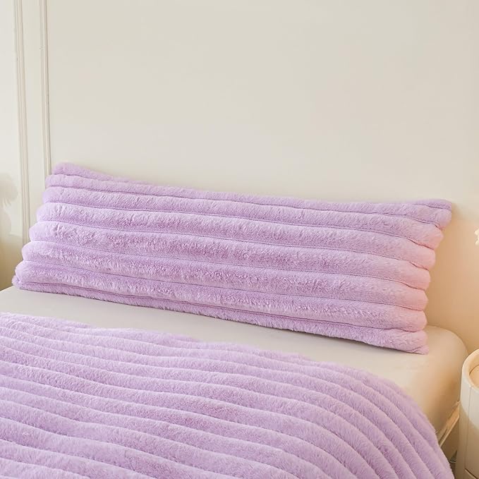 MEGO Fluffy Faux Rabbit Fur Body Pillow Cover 20x54, Comfy Plush Fuzzy Striped Bedroom Bed Pillowcase, Light Purple Shaggy Ribbed Long Bolster Pillow Cover with Zipper for Kids Girls Adults, Lavender