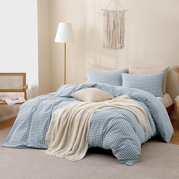 TOCOMOA Blue Gingham Duvet Cover Bedding Set 100% Washed Cotton Like Linen Feel Super Soft Comfy 3 Piece Vintage Plaid Checkered Comforter Cover Set (Oversized Queen 98"x98", Comforter Not Included)