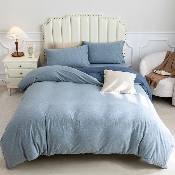 PURE ERA Jersey Knit Duvet Cover Set 100% T-Shirt Cotton Super Soft Comfy 3pc Bedding Set with Zipper Closure (Solid Navy/Blueish Grey, King)