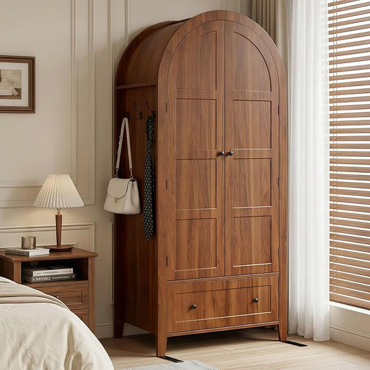Einhomn Armoire Wardrobe Closet with Drawer & 2 Arched Doors, 70.3'' Tall Wood Closet Organizer with Hanging Rod & 3 Hooks, Large Storage Cabinet Freestanding Bedroom Admoires, Easy Assembly, Walnut