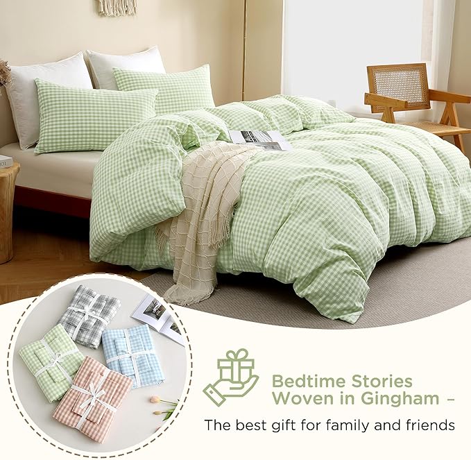 TOCOMOA Plie Green Gingham Duvet Cover Bedding Set 100% Washed Cotton Like Linen Feel Super Soft Comfy 3 Piece Vintage Plaid Checkered Comforter Cover Set (King 104"x90", Comforter Not Included)