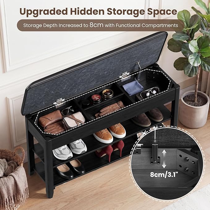 LBT Solid Wood Entryway Shoe Storage Bench, 31.5" Black, Adjustable Shelf, Flip-Top Hidden Compartment, Padded Leather Seat, 2-Tier Shoe Rack, Supports up to 550 lbs for Entryway, Mudroom, Closet
