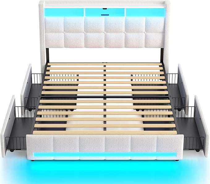 Rolanstar Full Size Bed Frame with LED Lights and Charging Station, Upholstered Bed Storage Headboard & Drawers, Heavy Duty Wood Slats, Easy Assembly, White