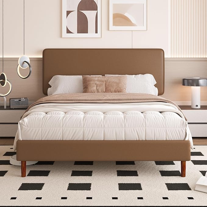 Full Size Leather Platform Bed Frame with Adjustable Upholstered Headboard, Solid Wooden Legs, No Box Spring Needed, Easy Assembly, Noise Free, Brown