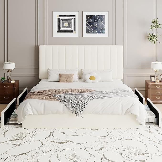 SHA CERLIN King Size Platform Bed Frame with 4 Storage Drawers, Vertical Channel Tufted Adjustable Headboard, Velvet Upholstered, Wooden Slats Support, No Box Spring Needed, Easy Assembly, Cream